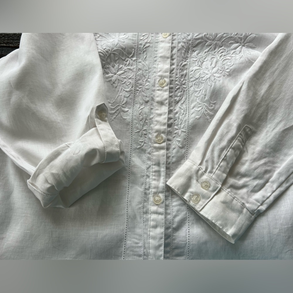 Cambridge Dry Goods White 100% Linen Floral Embroidered Button Down Shirt 1X - Picture 9 of 15